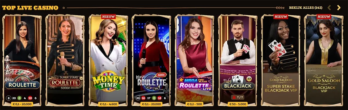 Top Live Casino” carousel showing live dealer game tiles (roulette, Money Time, mega roulette, and blackjack/VIP blackjack), each with dealer photos and stake limits on a dark casino interface.