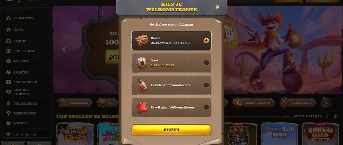 Popup window titled “Kies je Welkomstbonus” (Choose your welcome bonus) showing four options: Casino (250% tot €3.000 + 350 GS), Sport (100% tot €300), “Ik heb een promotiecode,” and “Ik wil geen welkomstbonus,” with a “Kiezen” button at the bottom.